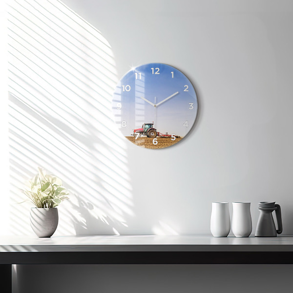 Kulaté skleněné hodiny s fotkou Farmář v traktoru