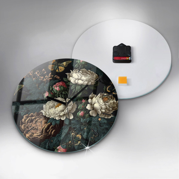 hodiny na skle Květina a zlatí motýli