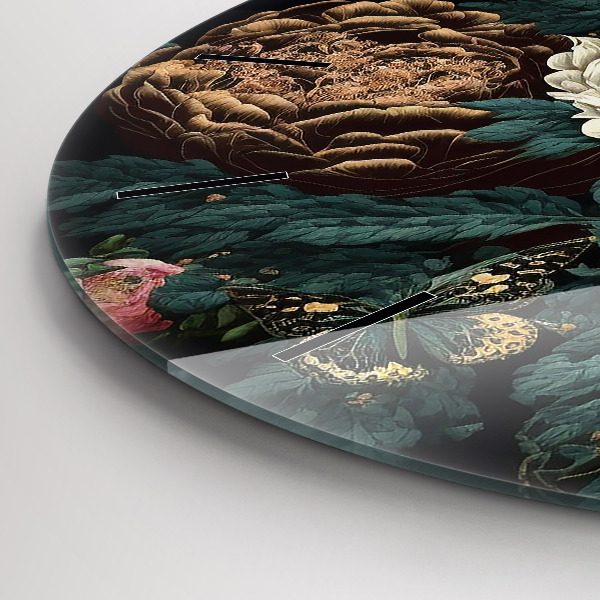 hodiny na skle Květina a zlatí motýli