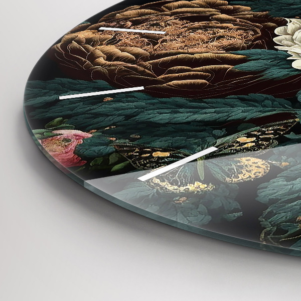 hodiny na skle Květina a zlatí motýli