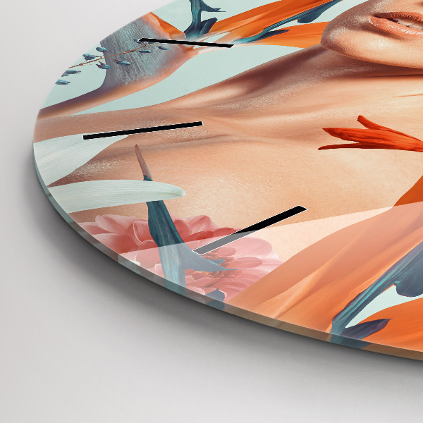 Kulaté skleněné hodiny s fotkou Žena s květinami