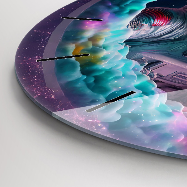 hodiny na skle Kosmonaut a barevné mraky