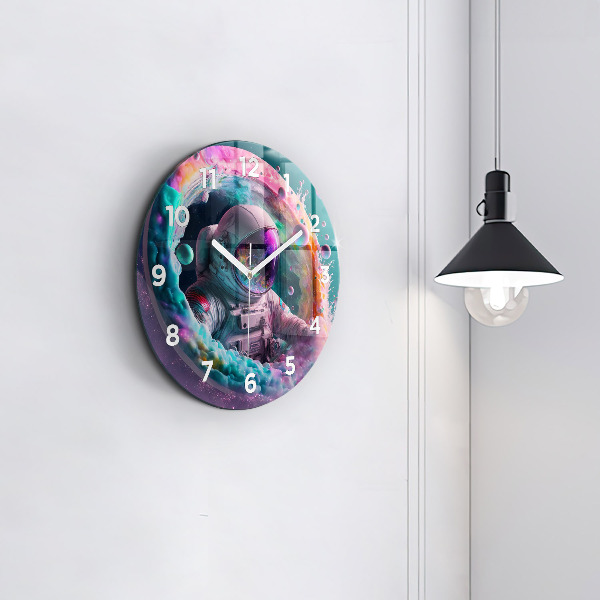 hodiny na skle Kosmonaut a barevné mraky