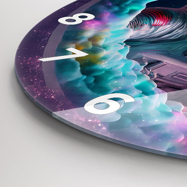 hodiny na skle Kosmonaut a barevné mraky