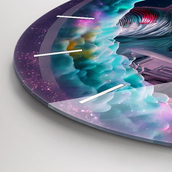 hodiny na skle Kosmonaut a barevné mraky