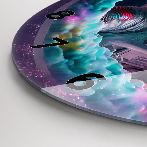 hodiny na skle Kosmonaut a barevné mraky