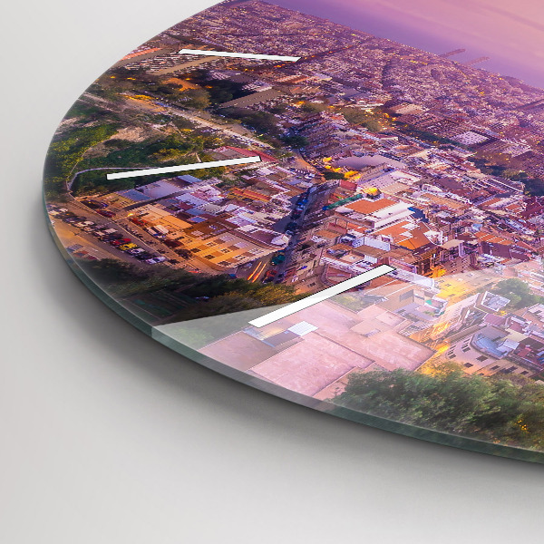 Kulaté skleněné hodiny s fotkou Barcelona Bunkry El Carmel