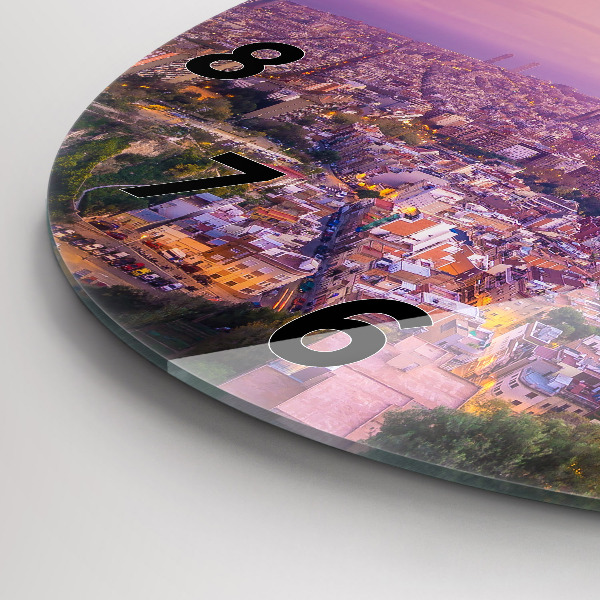 Kulaté skleněné hodiny s fotkou Barcelona Bunkry El Carmel