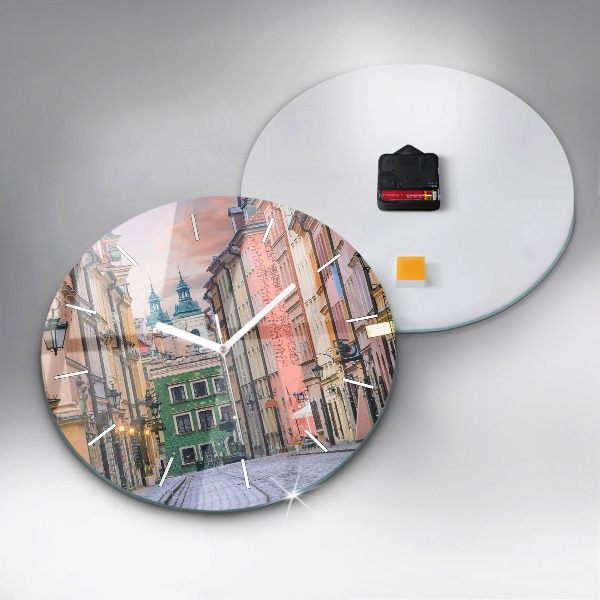 Kulaté skleněné hodiny s fotkou Staré město ve Varšavě