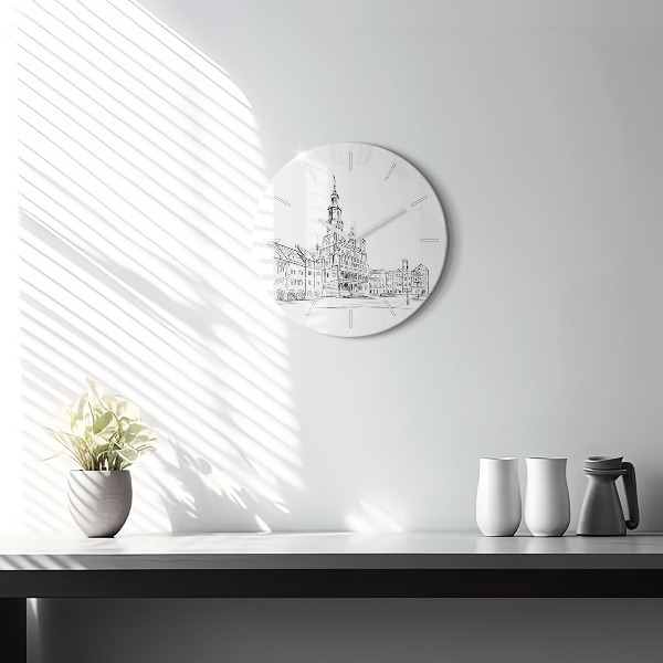 Kulaté skleněné hodiny s fotkou Skica starého města Poznaně