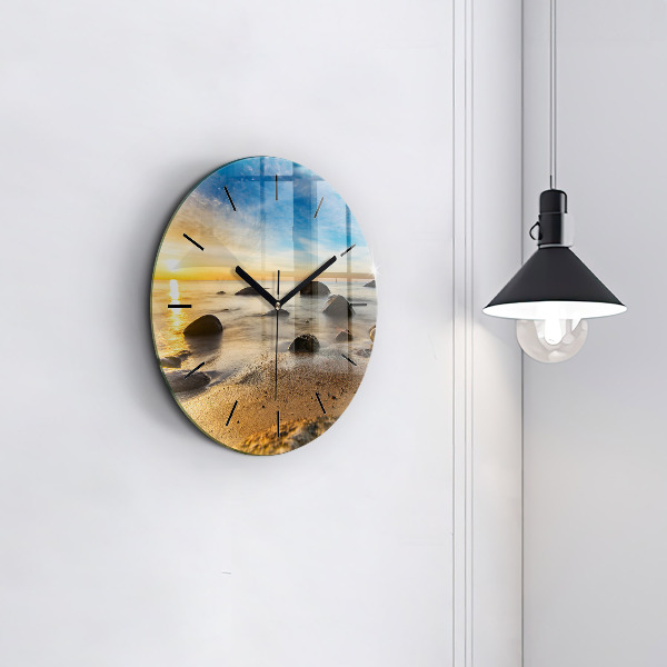 Kulaté skleněné hodiny s fotkou Východ slunce v Baltském moři