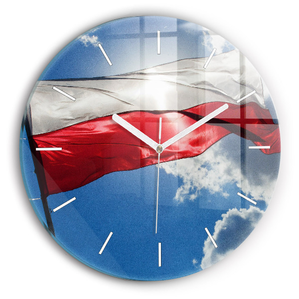 hodiny na skle Polská vlajka na pozadí oblohy
