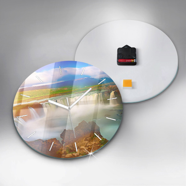 Kulaté skleněné hodiny s fotkou Godafoss na Islandu