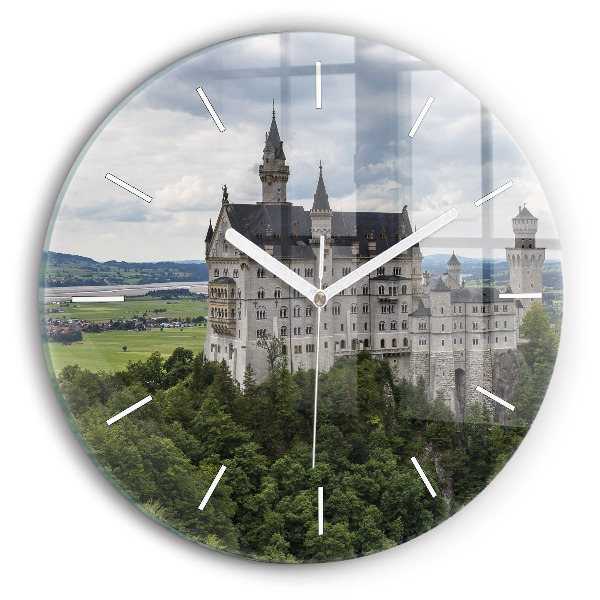 Kulaté skleněné hodiny s fotkou Zámek Neuschwanstein