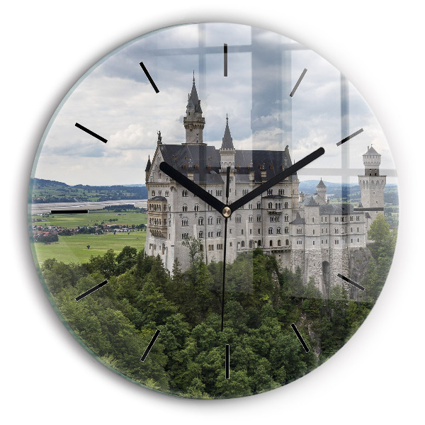 Kulaté skleněné hodiny s fotkou Zámek Neuschwanstein