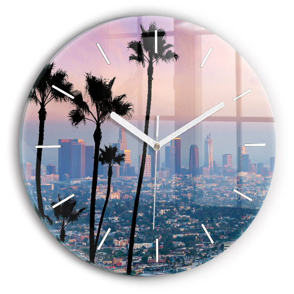 Kulaté skleněné hodiny s fotkou Západ slunce v Los Angeles