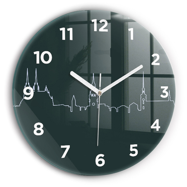 Kulaté skleněné hodiny s fotkou Line-art města Brna