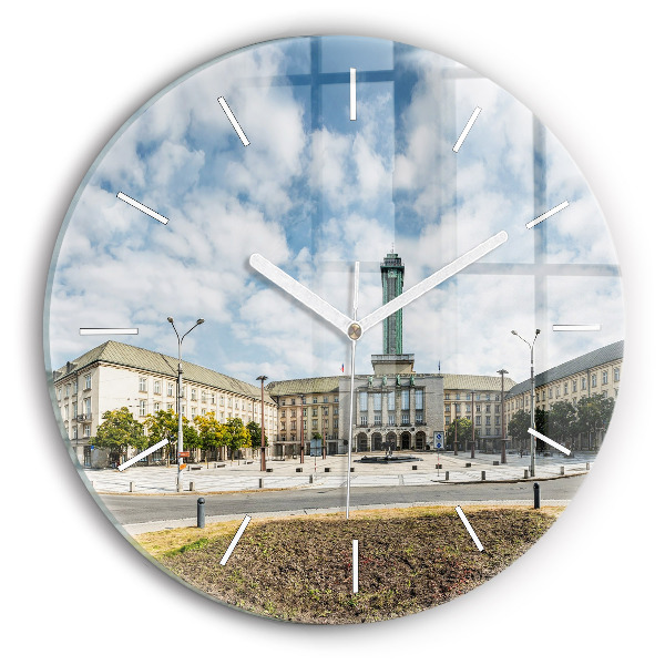Kulaté skleněné hodiny s fotkou Panorama Ostravy
