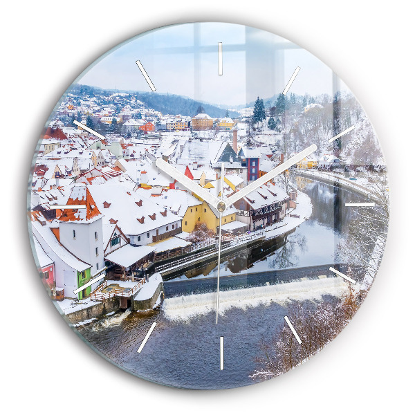 Kulaté skleněné hodiny s fotkou Panorama města v zimě