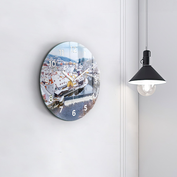 Kulaté skleněné hodiny s fotkou Panorama města v zimě