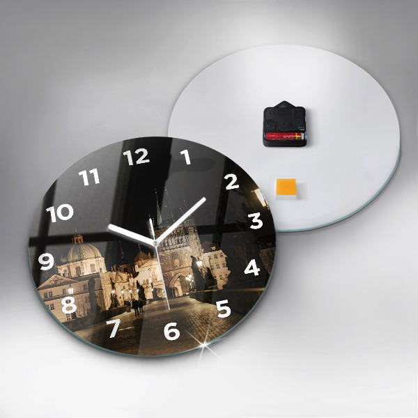 Kulaté skleněné hodiny s fotkou Karlův most v Praze