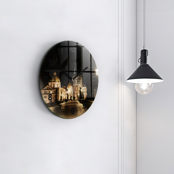 Kulaté skleněné hodiny s fotkou Karlův most v Praze