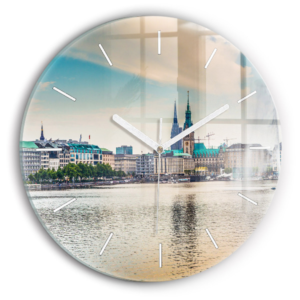 Kulaté skleněné hodiny s fotkou Binnenalster v Hamburku