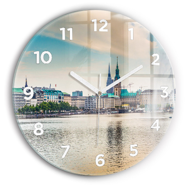 Kulaté skleněné hodiny s fotkou Binnenalster v Hamburku
