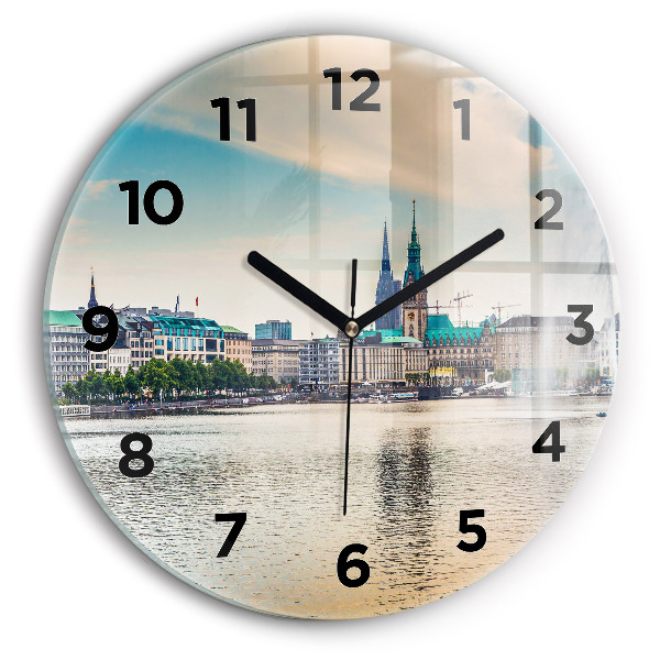 Kulaté skleněné hodiny s fotkou Binnenalster v Hamburku