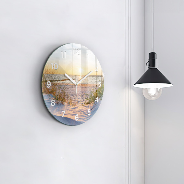 Kulaté skleněné hodiny s fotkou Západ slunce nad mořem