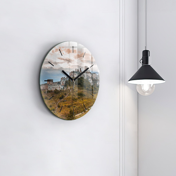 Kulaté skleněné hodiny s fotkou Spišský hrad na Slovensku