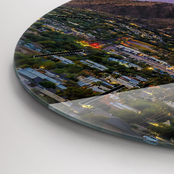 Kulaté skleněné hodiny s fotkou Horská krajina