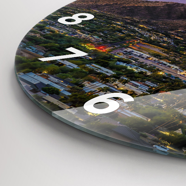 Kulaté skleněné hodiny s fotkou Horská krajina