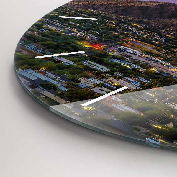 Kulaté skleněné hodiny s fotkou Horská krajina