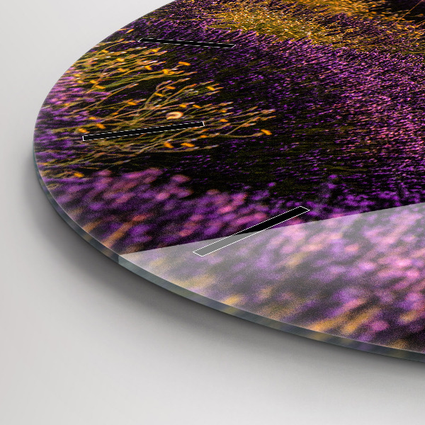 Kulaté skleněné hodiny s fotkou Levandulová louka Francie