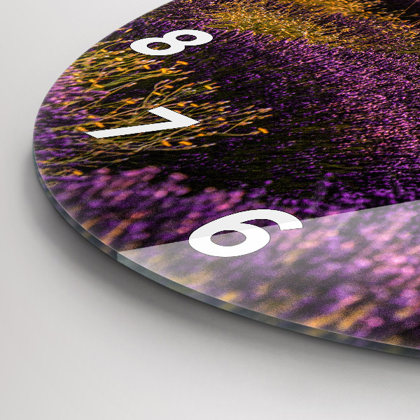 Kulaté skleněné hodiny s fotkou Levandulová louka Francie