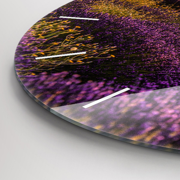 Kulaté skleněné hodiny s fotkou Levandulová louka Francie