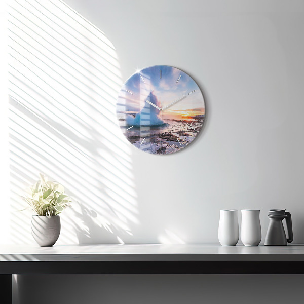 Kulaté skleněné hodiny s fotkou Gejzír na ostrově Island