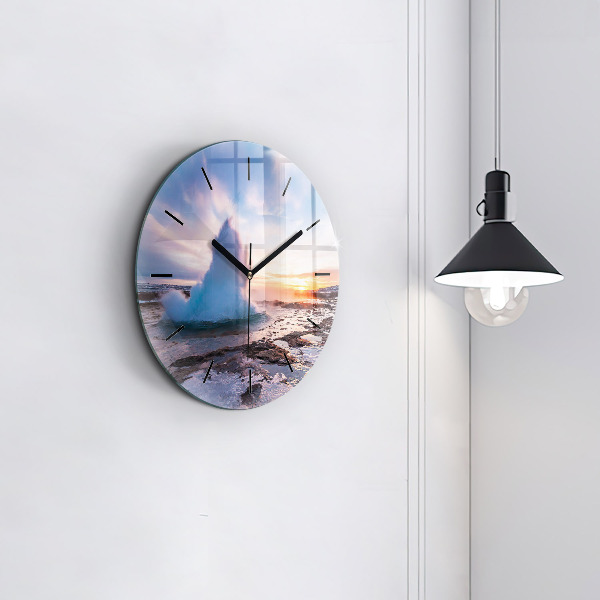 Kulaté skleněné hodiny s fotkou Gejzír na ostrově Island