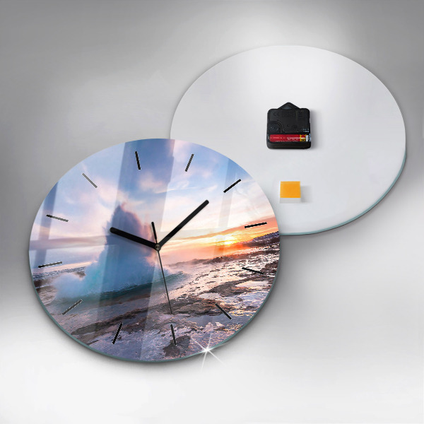 Kulaté skleněné hodiny s fotkou Gejzír na ostrově Island