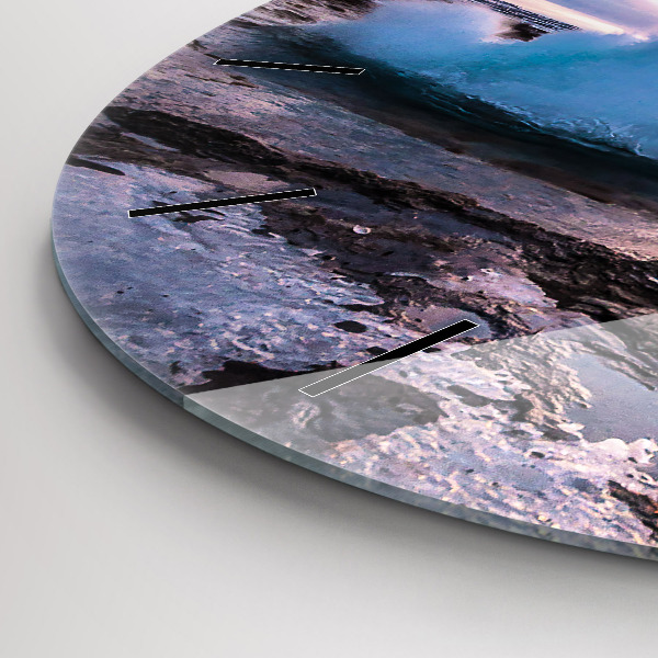 Kulaté skleněné hodiny s fotkou Gejzír na ostrově Island