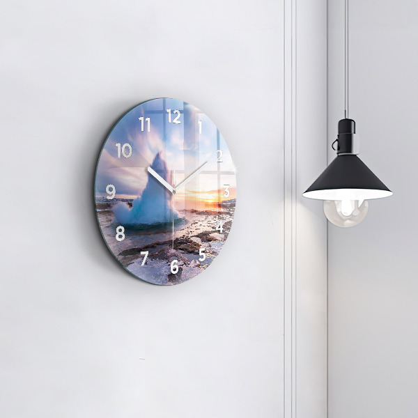 Kulaté skleněné hodiny s fotkou Gejzír na ostrově Island