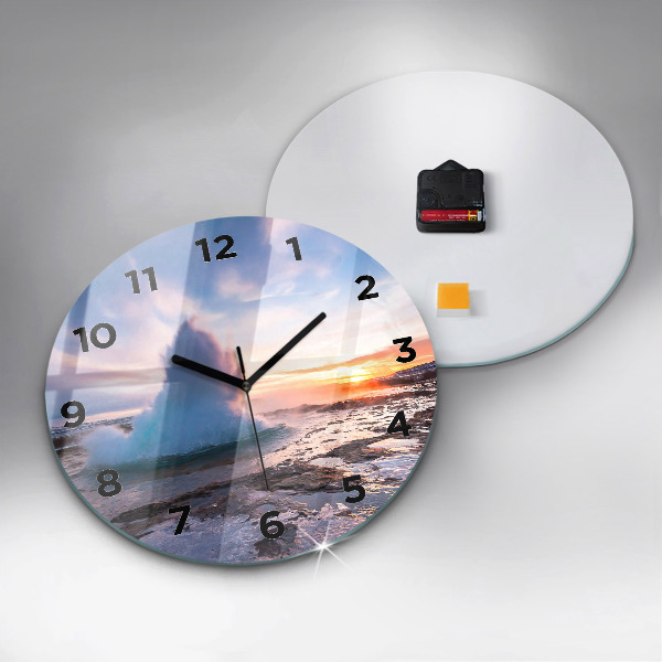 Kulaté skleněné hodiny s fotkou Gejzír na ostrově Island