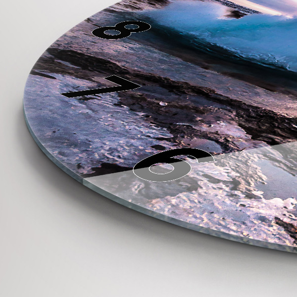 Kulaté skleněné hodiny s fotkou Gejzír na ostrově Island