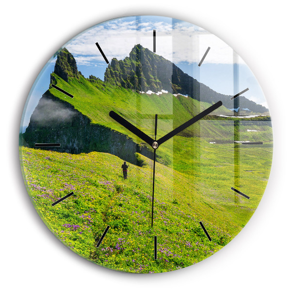 Kulaté skleněné hodiny s fotkou Přírodní rezervace Hornstrandir Island