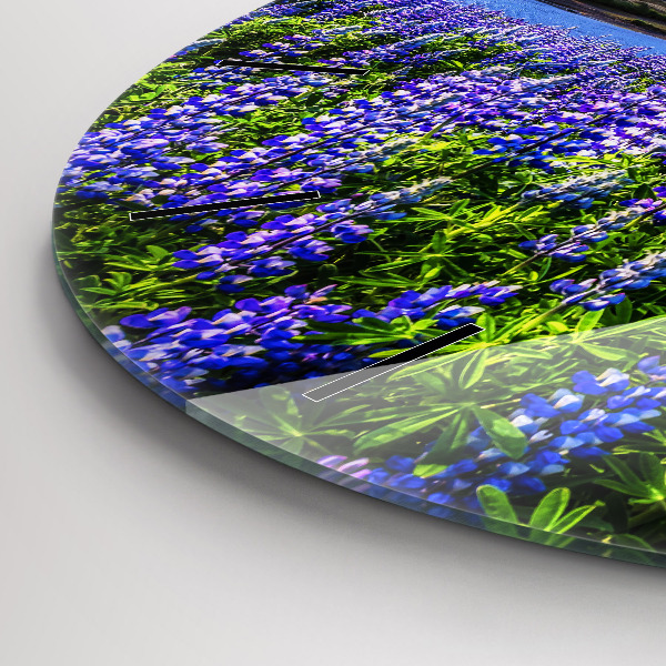 Kulaté skleněné hodiny s fotkou Pohled na hory Island