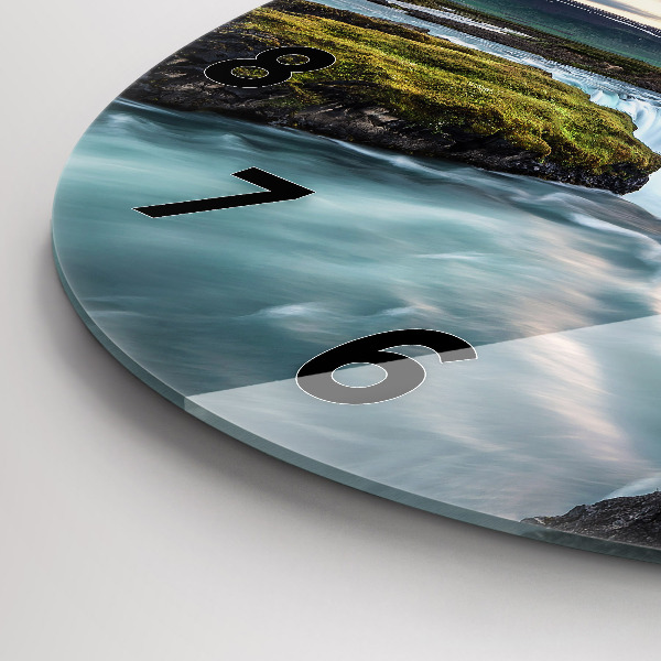 Kulaté skleněné hodiny s fotkou Krajina s vodopádem