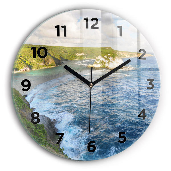 Kulaté skleněné hodiny s fotkou Pobřeží oceánu