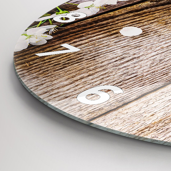 Kulaté skleněné hodiny s fotkou Květiny na dřevě