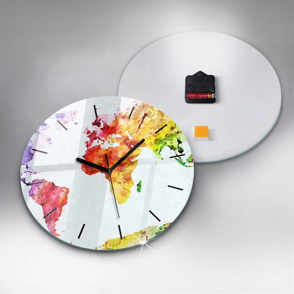 Kulaté skleněné hodiny s fotkou Akvarelová mapa světa